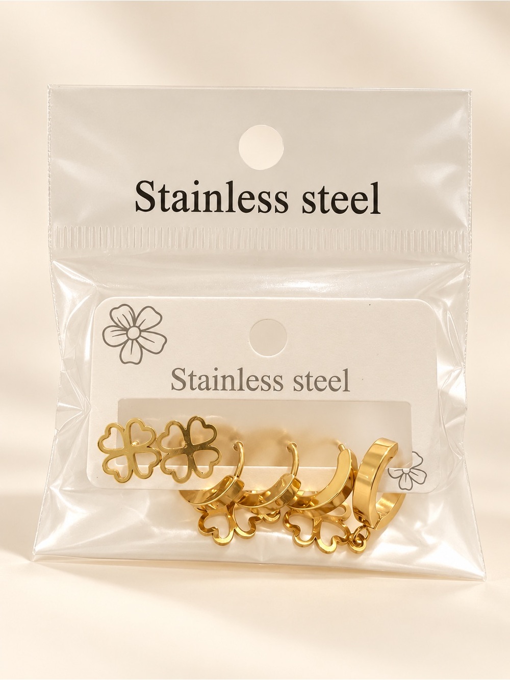 Gold Stainless Steel Clover Hoop Earring Set